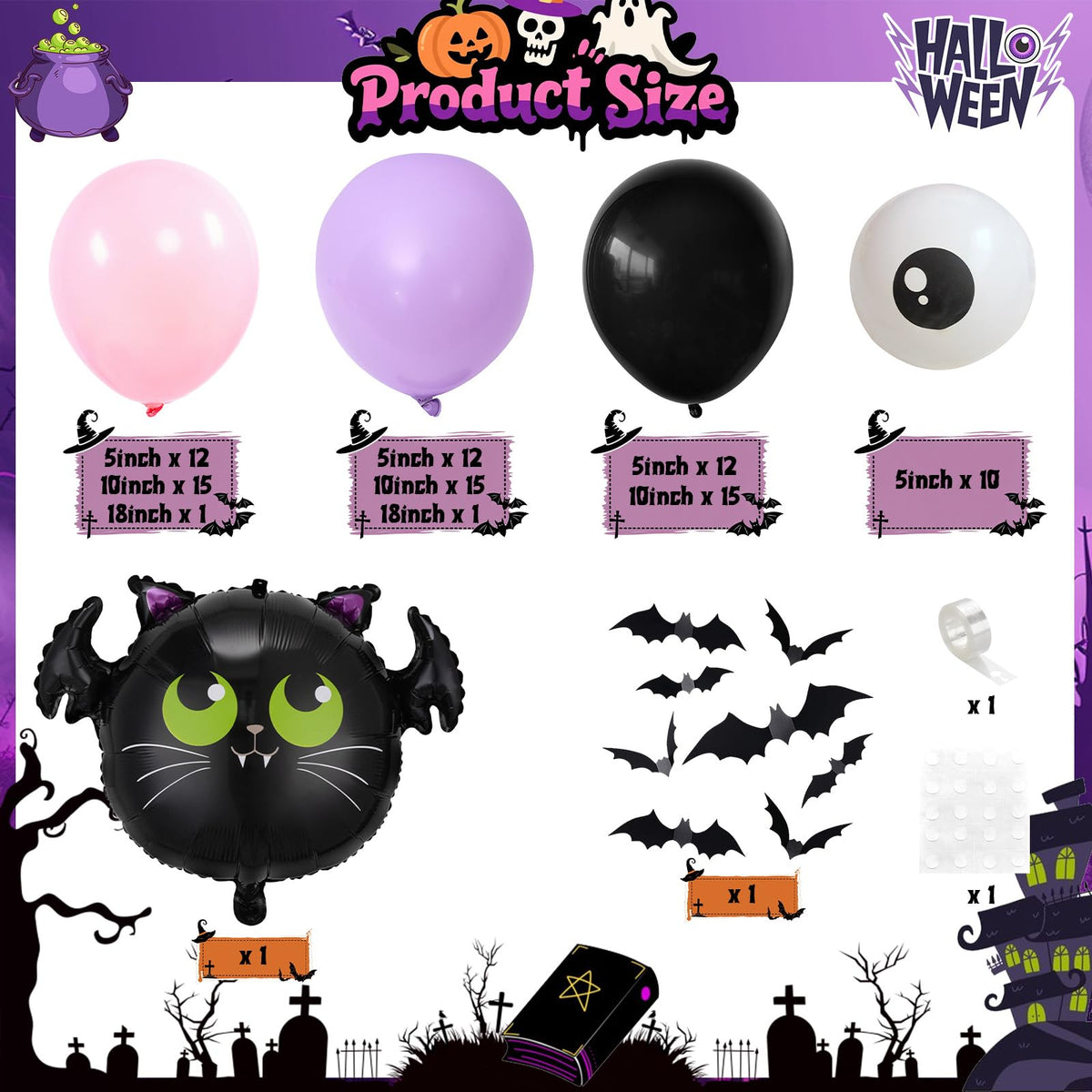 Halloween Balloon Garland Arch Kit, Light Pink Pastel Purple Black Spooky White Eyeball Latex Balloons with Scary 3D Bats Foil Balloon for Kid Halloween Party Decor Indoor Outdoor Backdrop Decorations