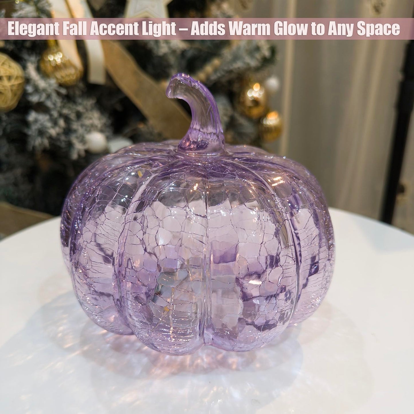 hvfun Handcrafted Lavender Crackle Glass Pumpkin Light, LED Battery Operated Table Décor with 6H Timer, Twinkle & Steady Modes, Elegant Fall & Holiday Decoration