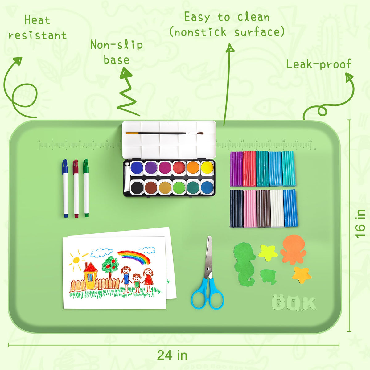 Silicone Art Mat for Crafts, 24" x 16" Painting Mat for Kids with Raised Sides to Stay Tidy, Paint Craft Mats for Clay, Resin, Slime, Jewelry-Making & Crafts Creation (Green)