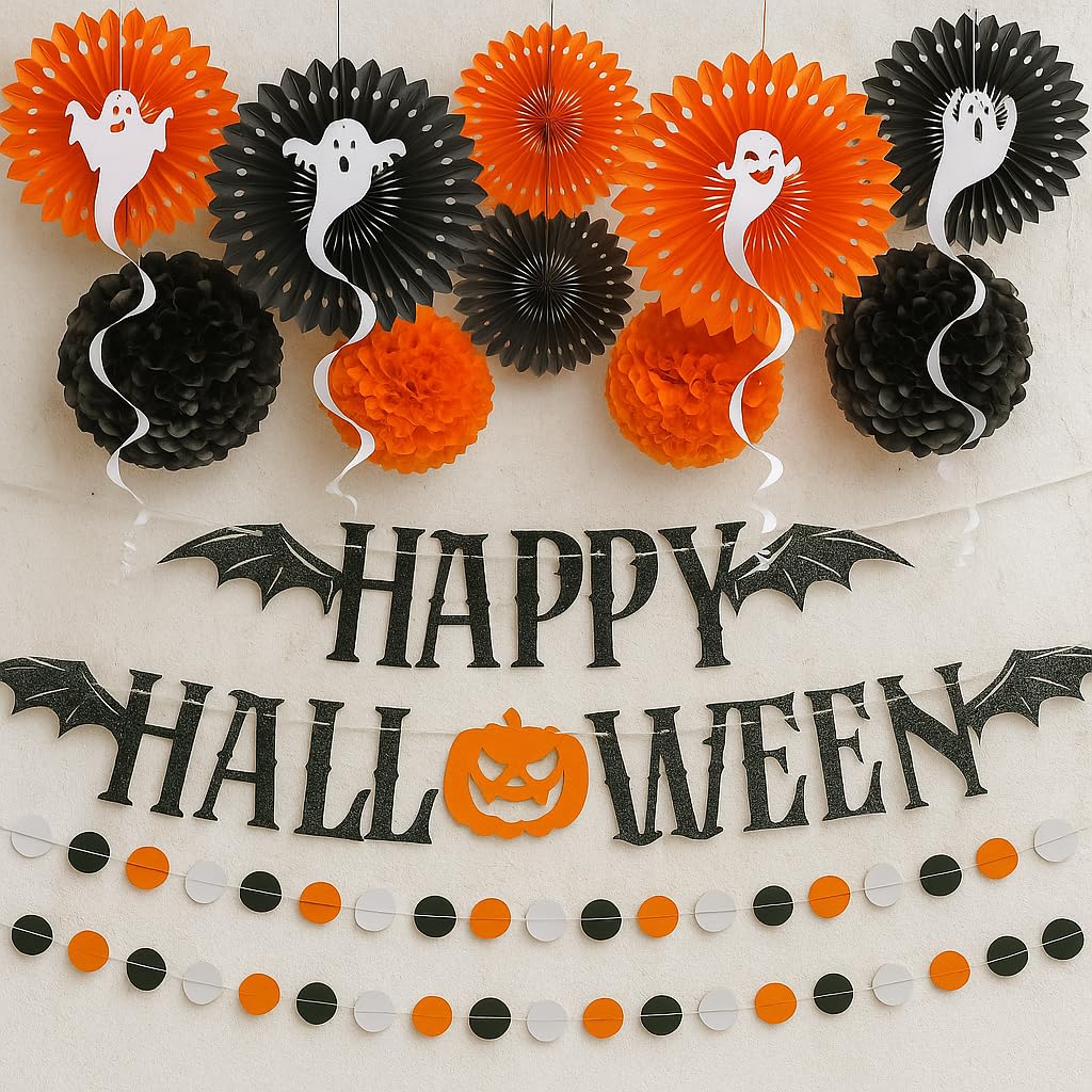 KatchOn, Happy Halloween Party Decoration Set - Pack of 17 | Garlands & Wall Portrait Banner | XtraLarge 72x44 Inch- halloween Banner | Wall Backdrop,Hanging Swirl For Halloween Decorations