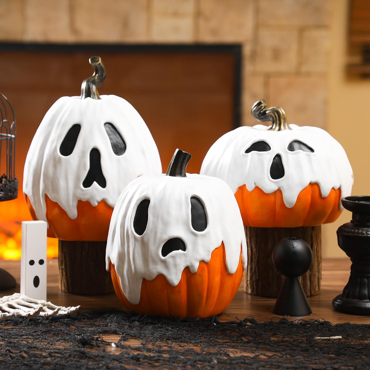 Colingmill 3 PCS Halloween Ghost Pumpkin Decoration - 9.8" 8.7" 7.1" Large Resin Jack O Lantern Ghost Pumpkin Spooky Figurine Set for 2025 Fall Statue Decoration Indoor Outdoor