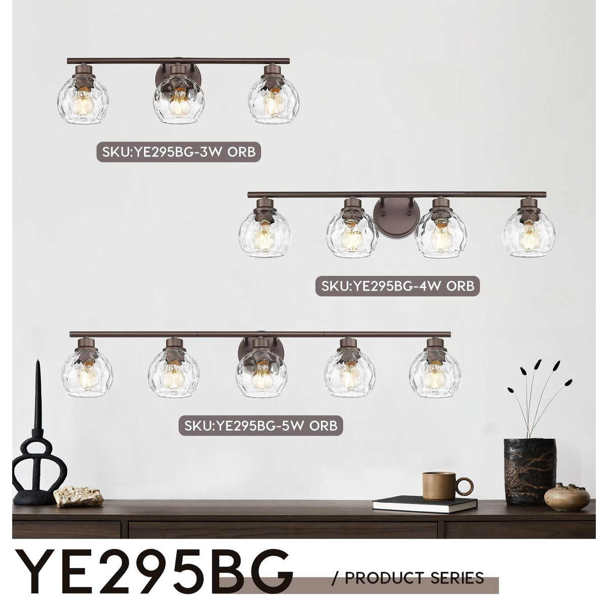 Emliviar 5-Light Rustic Vanity Wall Lighting, Water Ripple Glass, Oil Rubbed Bronze Finish, 41.7 Inch, Model YE295B