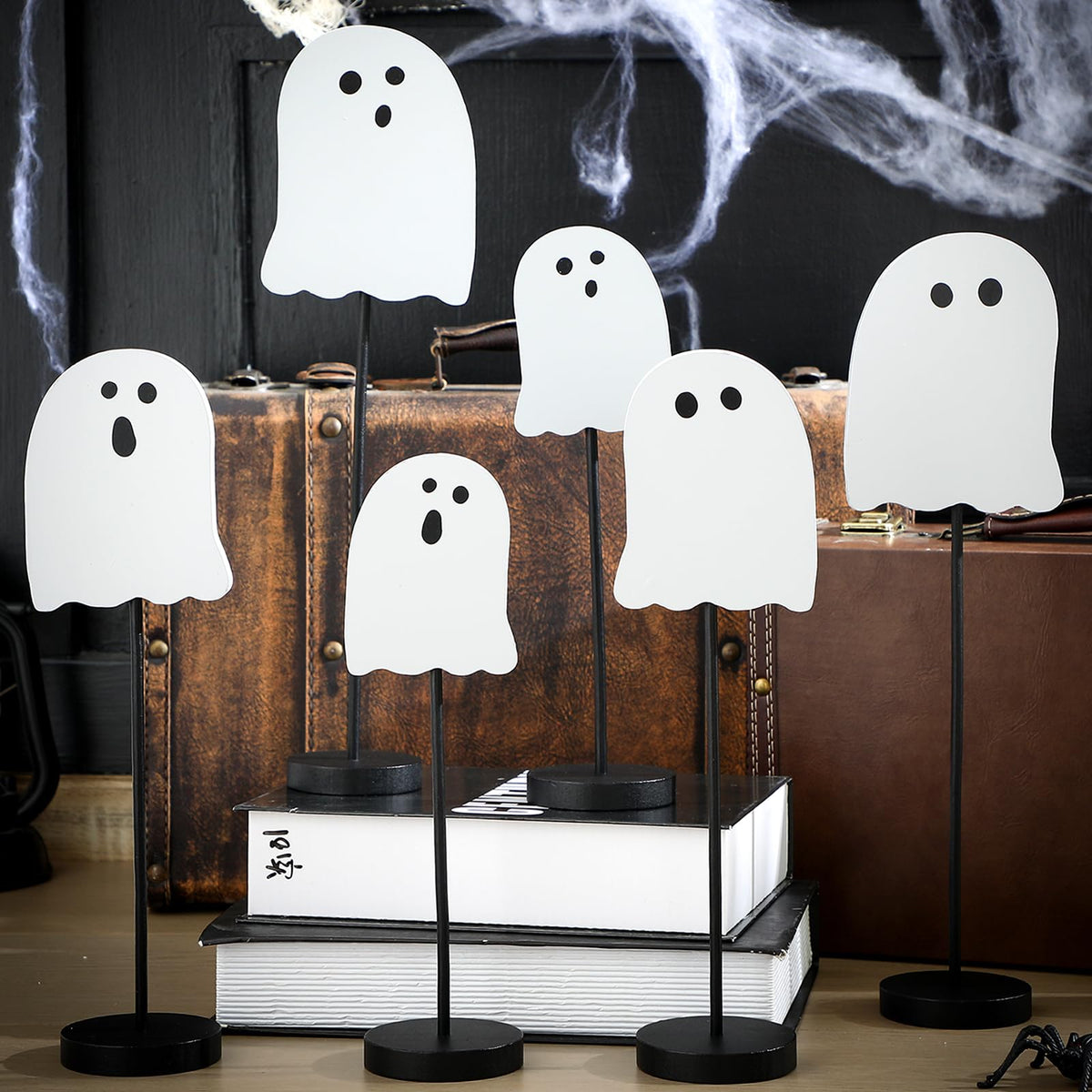 Briwooody 6 Pcs Halloween Table Decorations Cute Ghost Wooden Signs Halloween Tiered Tray Decor White Ghost Spooky Table Centerpiece Tall Block Sign for Party Home Mantel Shelf Room Decor