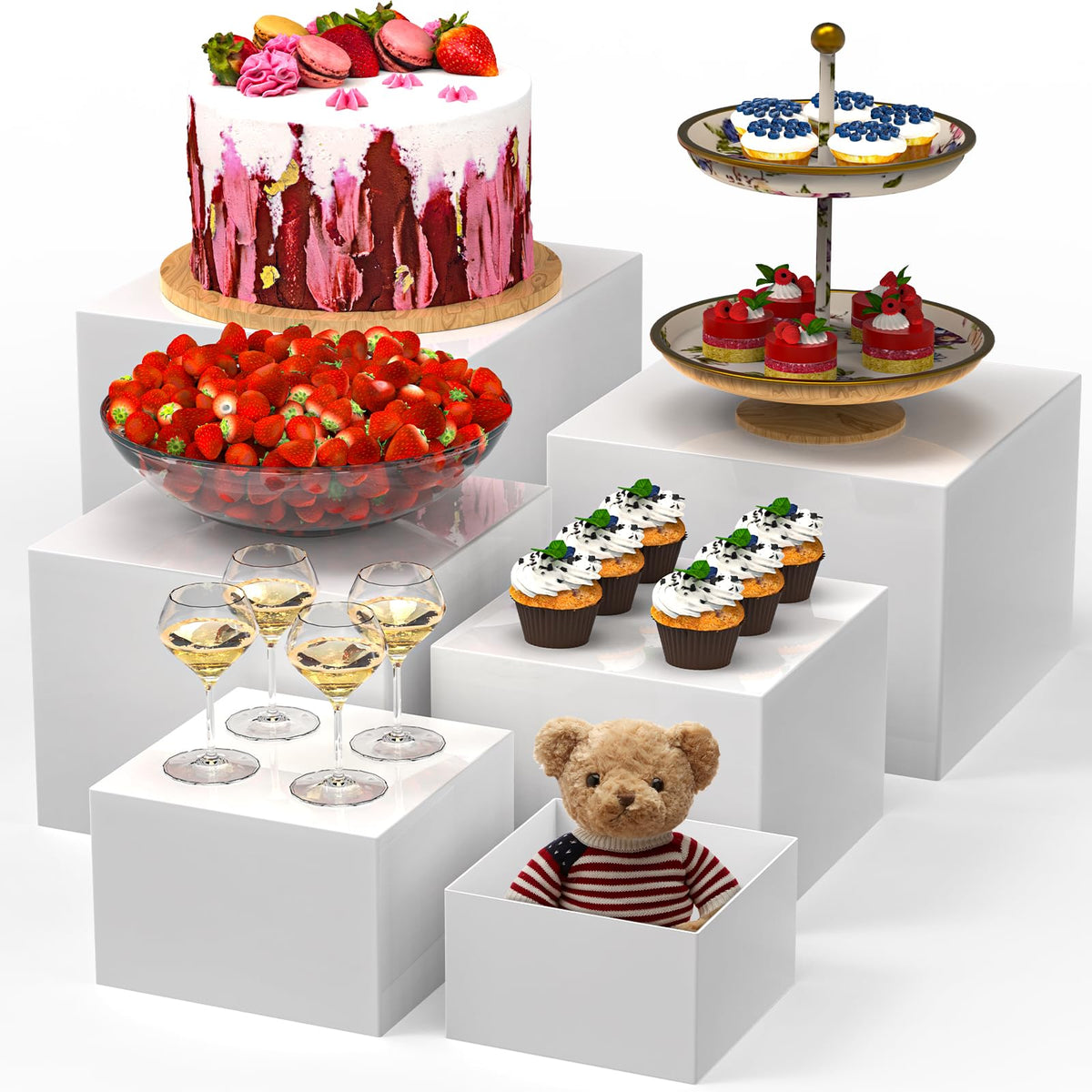 VANITURE 6 PCS Buffet Risers, Large Food Risers for Buffet Table, Display Stand Shelf for Party, Catering, Jewelry & Collectibles, White Acrylic Nesting Boxes for Food Display (10" 9" 8" 7" 6" 5")