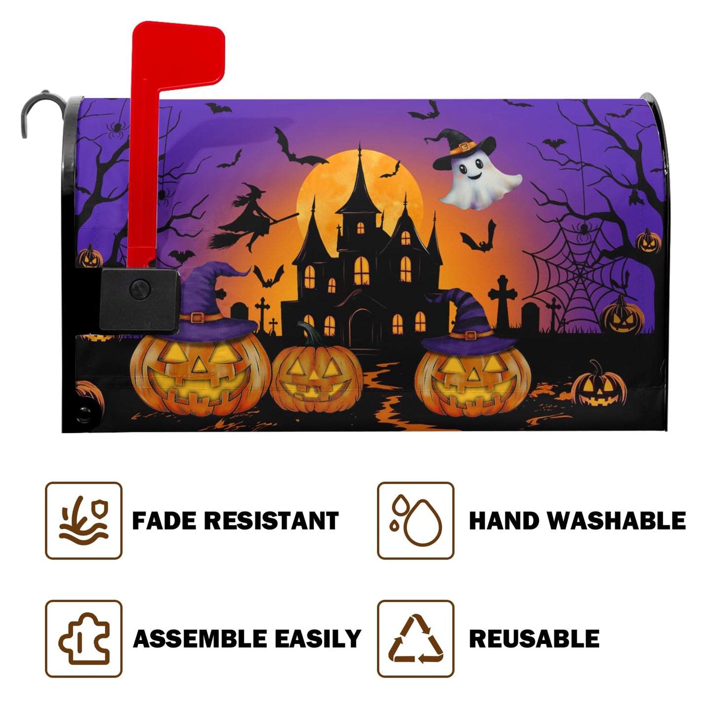 Halloween Night Ghost Mailbox Covers Bat Castle Spooky Pumpkin Lanterns Mailbox Post Cover Letter Box for Garden Standard Size 21x18 in for Yard Home Decor