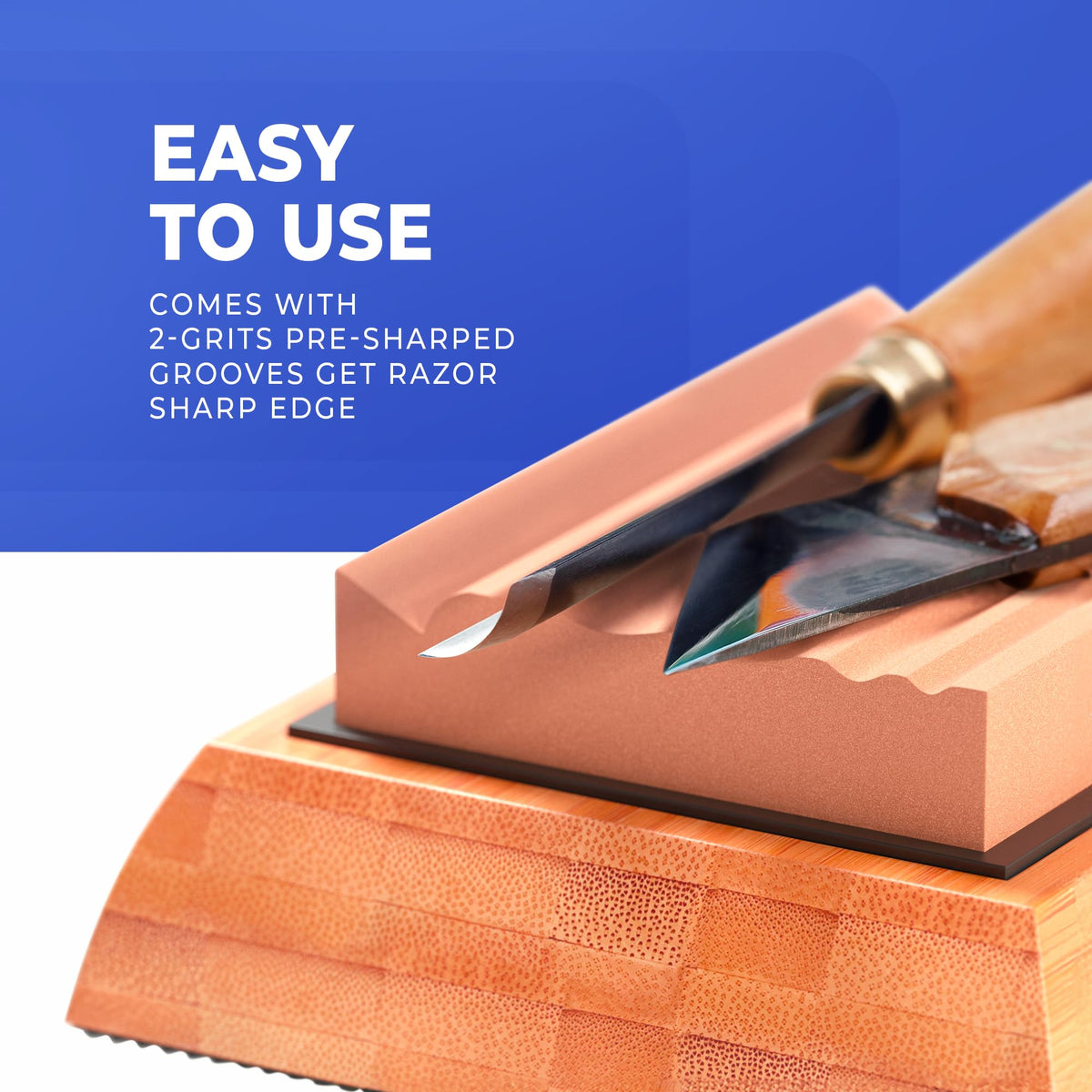 Sharp Pebble Sharpening Stones for Wood Carving Tools-Two Whetstones Grit 400 & 1000 Gouge Sharpener- Waterstone Sharpening System for Wood Carving Knives & Chisels with Non-Slip Bamboo Base
