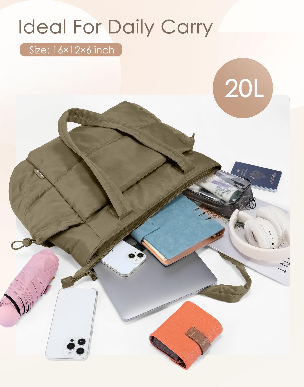 Tote Bag for Women Puffy Work Bags for Women with Zipper Lightweight Quilted Puffer Tote Bag for Travel, Teacher, Nurse (Deep Olive Green)