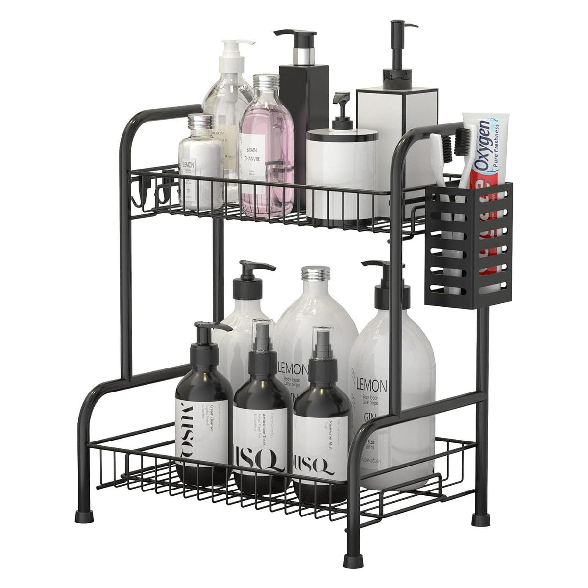 Bathroom Countertop Organizer With Toiletries Basket, 2 Tier Bathroom Counter Storage Rack with Adjustable Feetpad, No-Screw Caddy Stand for Vanity, Sturdy Metal Wire Black, Medium 12.8''L x 7.2''W