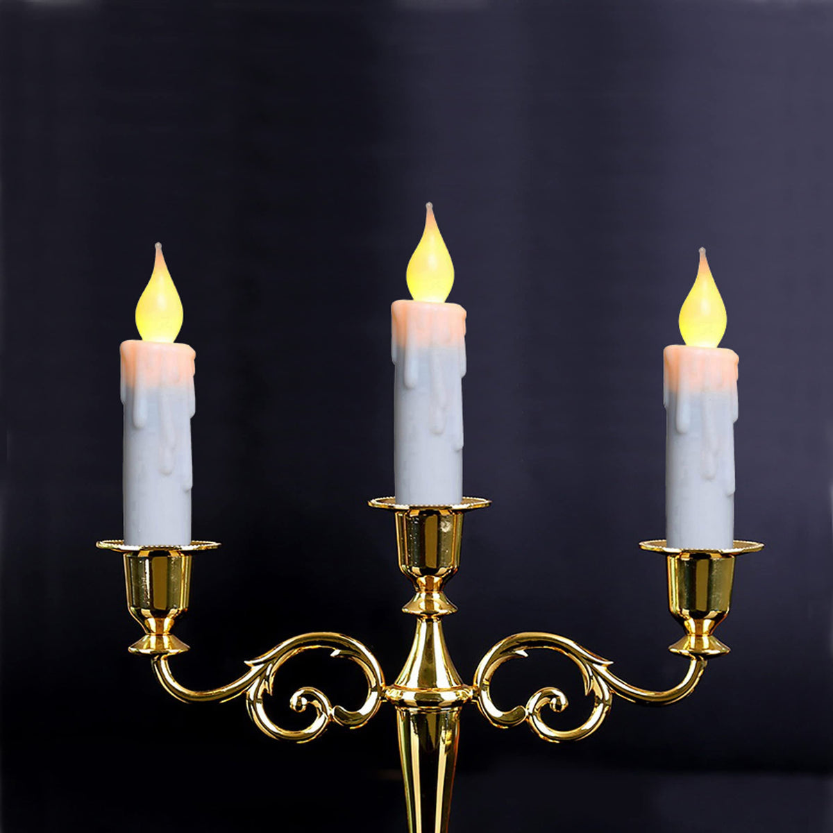 CVHOMEDECO. Flickering Taper Candles LED Drip Flameless Candles, Battery Operated with Timer, White, 4-3/4 Inch, Set of 3