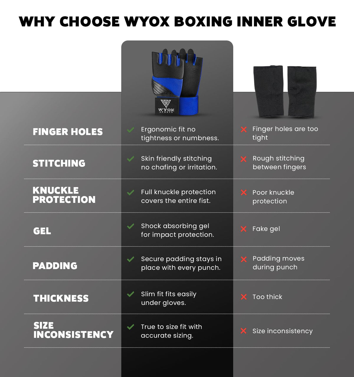 WYOX Gel Boxing Hand Wraps Inner Gloves for Men & Women, 80cm Quick Wrist Straps, Padded Knuckle Protection for Muay Thai Kickboxing, Hand Wraps for Boxing & Martial Arts (Blue, L/XL)