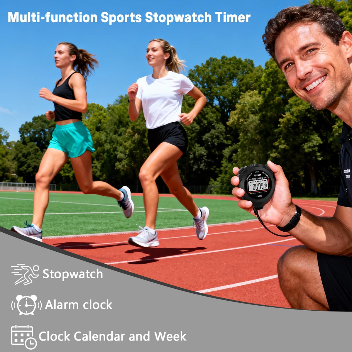 PULIVIA Sports Stopwatch Timer, Single Lap Split Digital Stop Watch for Sports Kids Coaches Swimming Running, Black