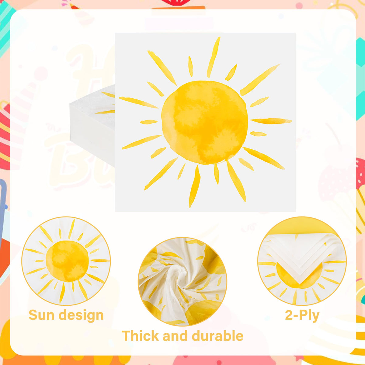 100Pcs Boho Sun Party Napkins First Trip Around The Sun Disposable Paper Napkins Hippie Summer Sunshine 6.5" Luncheon Cocktail Napkin for Birthday Baby Shower Party Supplies