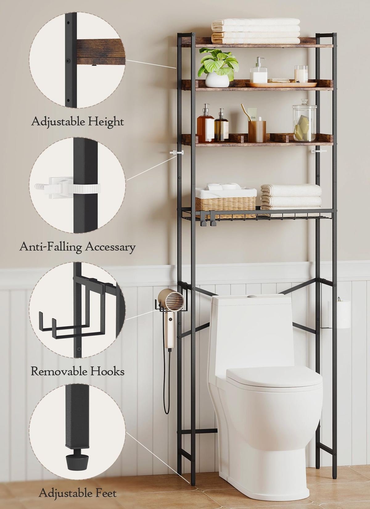 Quikraen 4 Tier Over The Toilet Storage Shelf with 3 Adjustable Shelves, Space Saver Bathroom Organizer with 4 Hooks, Freestanding Above Toilet Rack for Restroom Laundry (Brown)