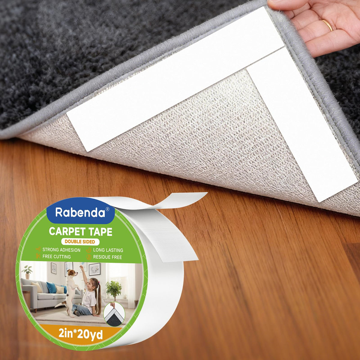 Rabenda Double Sided Carpet Tape - 2 Inch x 20 Yards Removable Rug Tape for Hardwood Floors, Tile & Laminate - No Residue Strong Hold Anti Slip Gripper for Area Rugs, Mats & Carpets