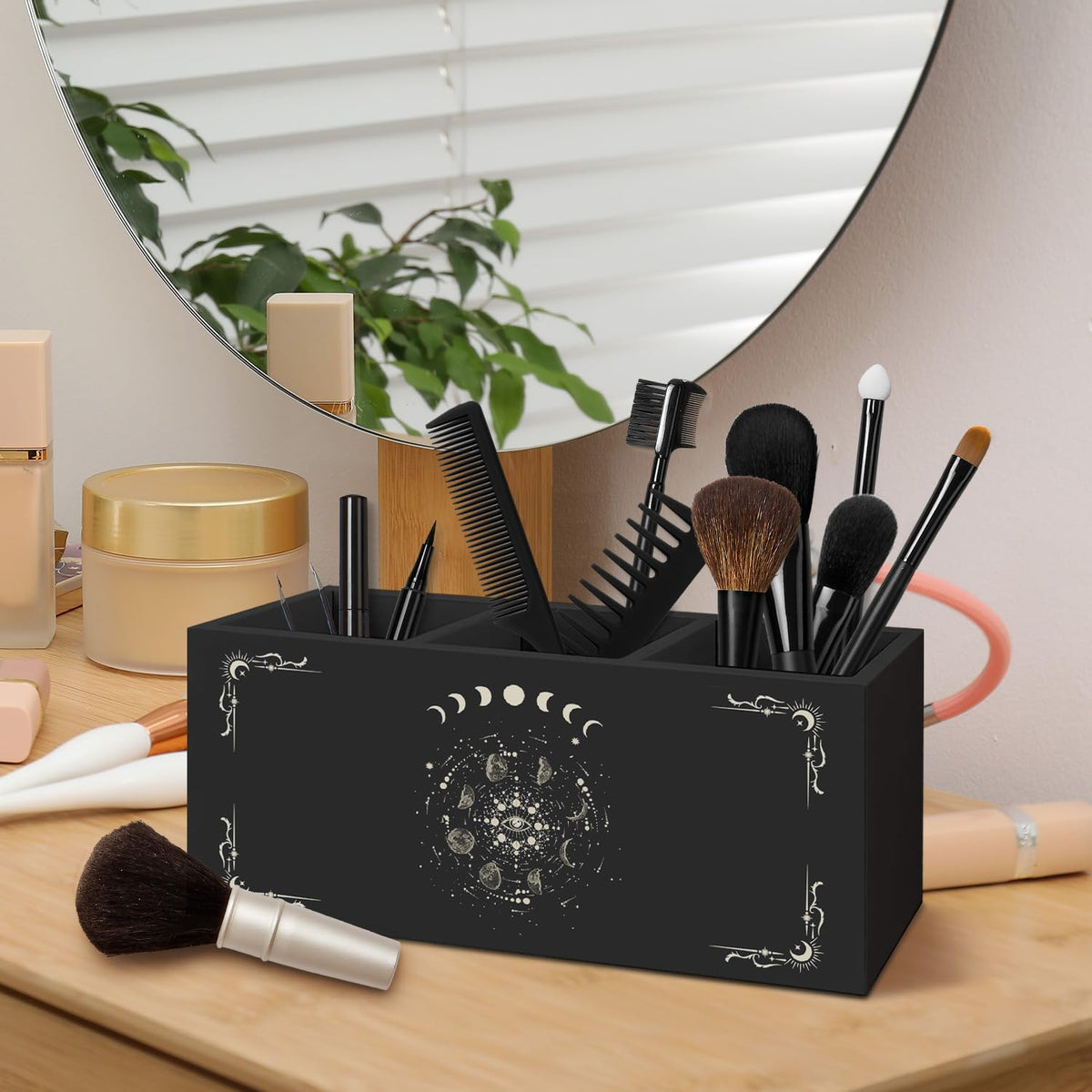 AQYIP Gothic Office Decor Black Wooden Pen Pencil Holder for Desk Accessories, Dark Gothic Witchy Aesthetic Wood Makeup Brush Toothbrush Holder Organizer for Vanity Bathroom