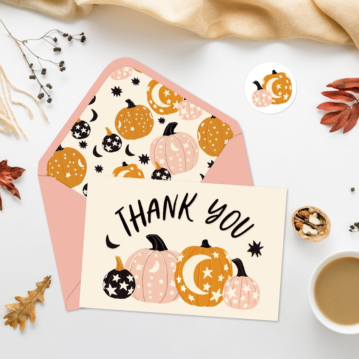Whaline 50 Pack Fall Thank You Cards Pink Orange Pumpkin Greeting Cards with Envelopes Stickers Blank Note Card for Autumn Thanksgiving Halloween Wedding Baby Shower Birthday, 4 x 6 Inch