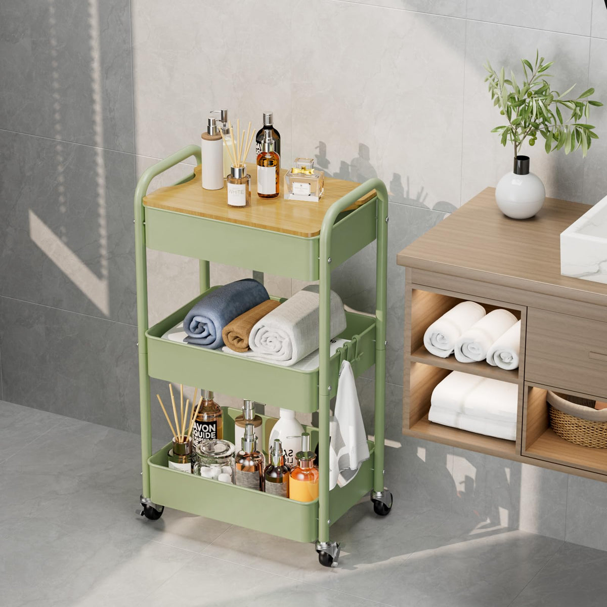 johgee 3 Tier Rolling Cart with Table top, Metal Rolling Utility Cart, Sturdy Storage Organizer Cart with Locking Wheels & Hooks for Office, Classroom, Kitchen and Bathroom