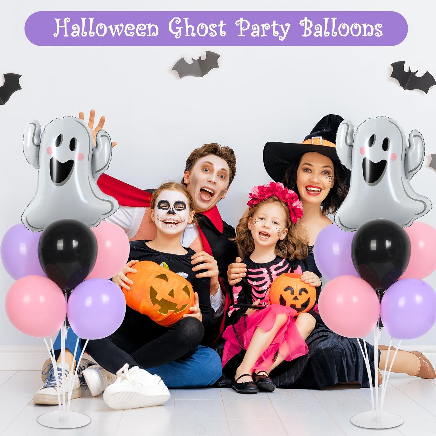 Halloween Ghost Party Balloons Stand Kit 2 Sets with 2 White Ghost Foil Balloons Pink Black and Purple Balloon Centerpiece for Tables for Baby Shower Horror Birthday Party Decorations