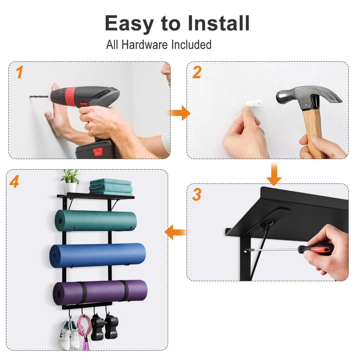 Avoirdus Yoga Mat Holder Wall Mount, Wall Mounted Yoga Mat Storage Rack with Shelf & Hooks, Home Gym Yoga Accessory Organizer for Mats, Foam Roller, Bands & Workout Equipment