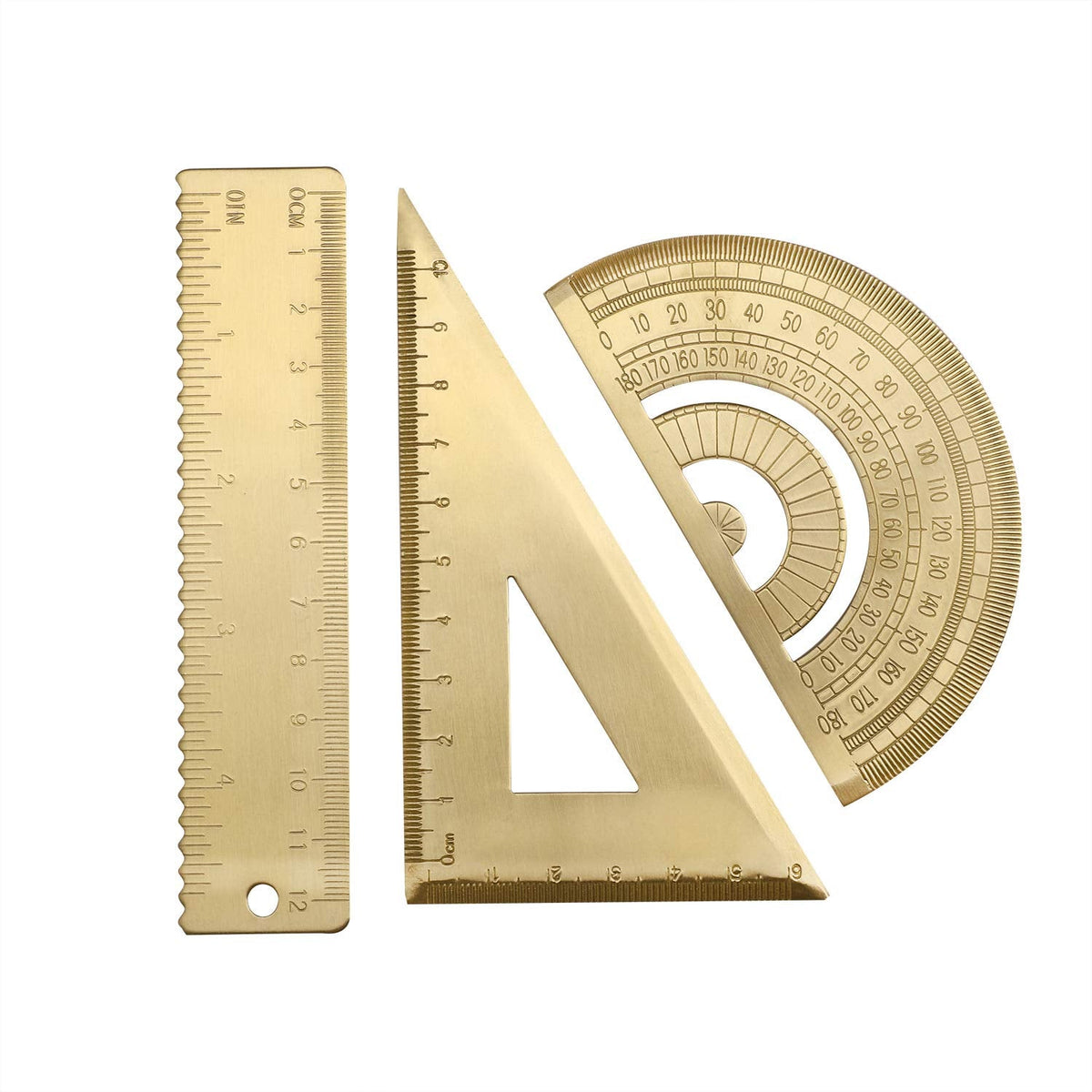 3 Packs Brass Triangle Ruler Protractor Set, Geometry Scale Ruler, Math Semicircle Protractor, Triangular Square Ruler, Drafting Tool Kit for Students Architects Engineers