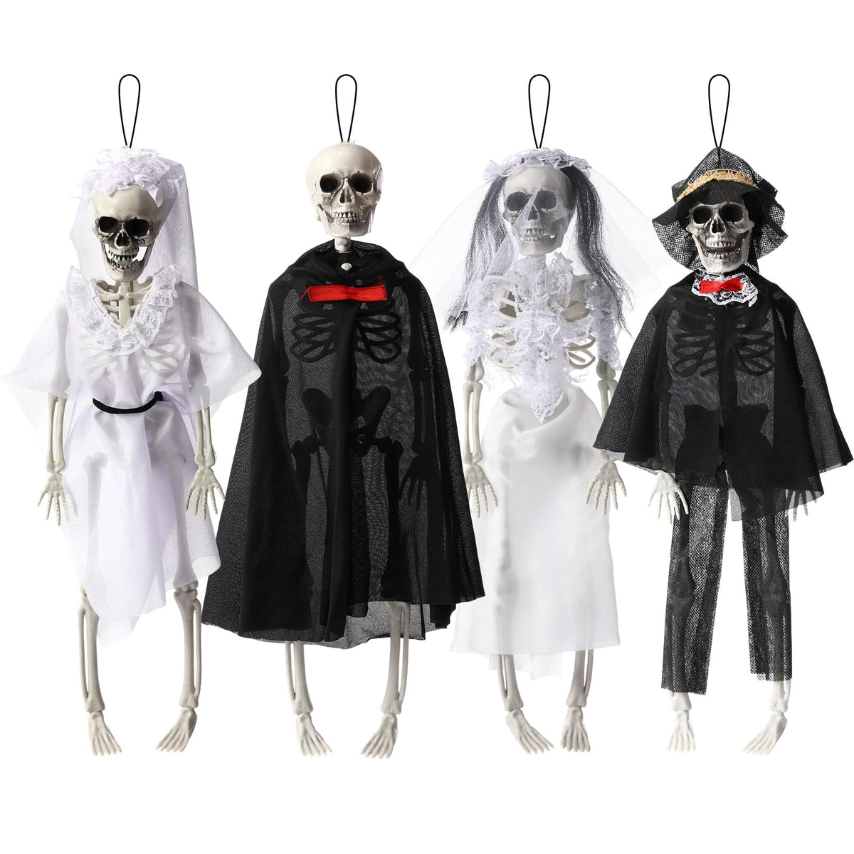 Poen 4 Pack 16" Halloween Hanging Skeleton Decorations Small Full Body Posable Skeletons with Movable Joints Plastic Mini Spooky Decor for Halloween Party Haunted House Lawn Graveyard Props(Wedding)
