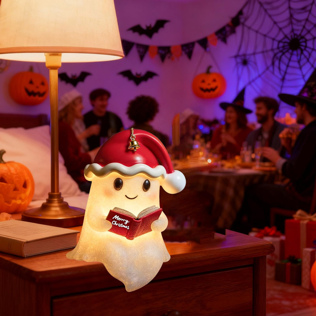 YYPLIAN 3D Resin Halloween Ghost Night Light, Ghost Warm Lighted Indoor Figurine Lamps for Bedroom Study Room Funny Christmas Indoor LED Nightlight (Xmas Ghost Light, 8")