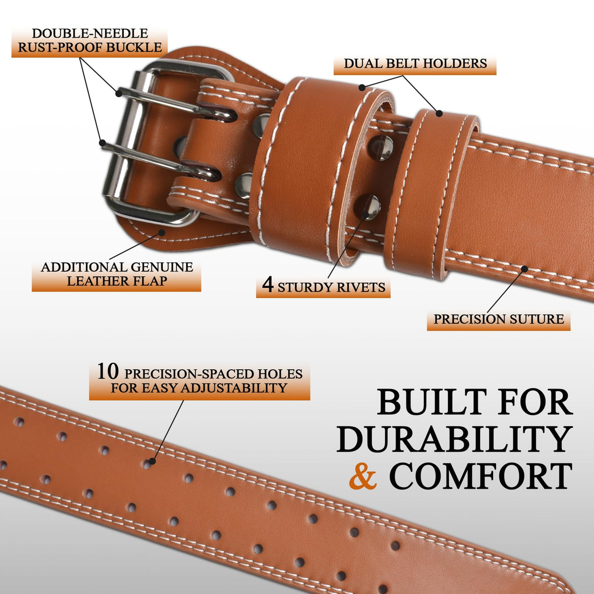 10 Adjustable Holes Leather Weightlifting Belt, 4”& 6”Width, Double Prong Power Belt for Gym Bodybuilding, weightlifting, powerlifting, squats and deadlifts