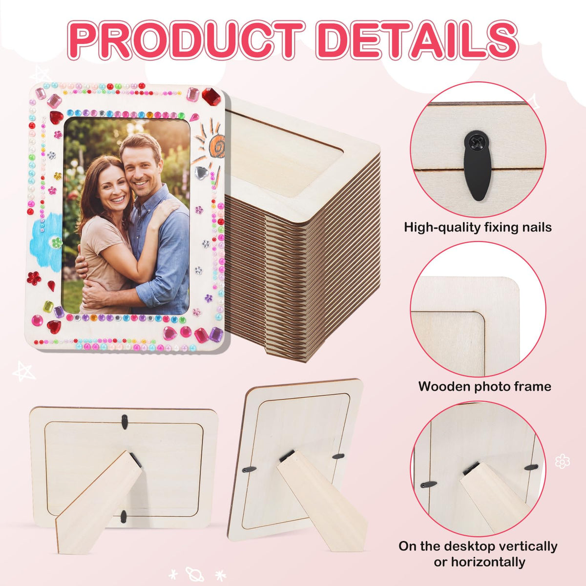 Yousoontic 30 Pack Picture Frame Painting Craft Kit for 4 x 6 Inch Photo DIY Unfinished Wooden Picture Frames with 30 Pcs Color Pens and 10 Sheets Crystal Diamond Stickers for DIY Craft