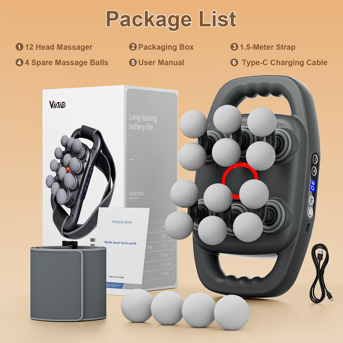 Vinid Cordless Neck and Back Massager with Heat, 12 Professional Massage Heads, 30 Adjustable Intensity Levels, 3 Massage Modes for Deep Tissue Relief, Includes Bonus 4 Heads & Shoulder Strap
