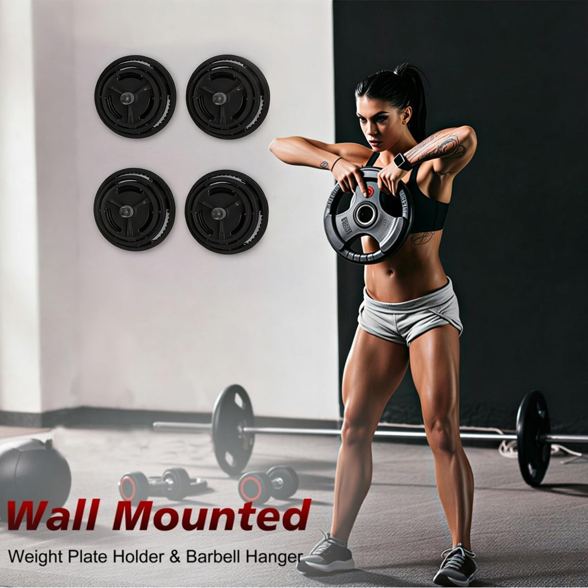 Rumoid 4 Pack Wall Mounted Weight Plate Holder, Weight Plate Holder for 2" Olympic Weight Plates, weight plate rack With Protective Rubber Pad for Garage Home Gym