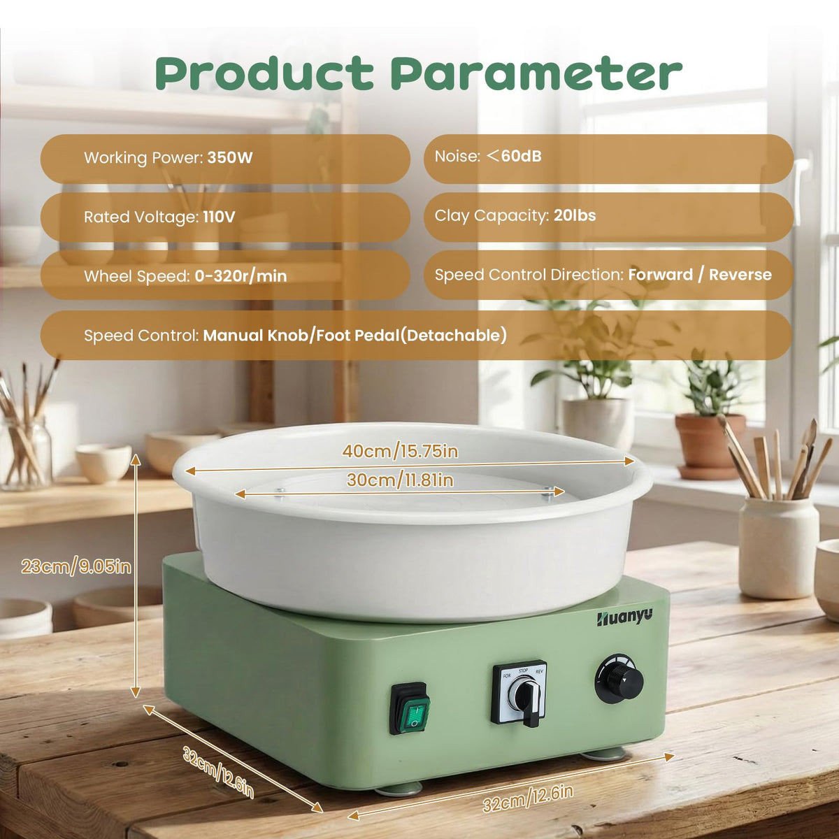 Huanyu Tabletop Pottery Wheel Machine for Adults 12" Bat System Manual & Foot Pedal Control Electric Ceramic Wheel Forming Machine Art Clay DIY Sculpting Tool Kit
