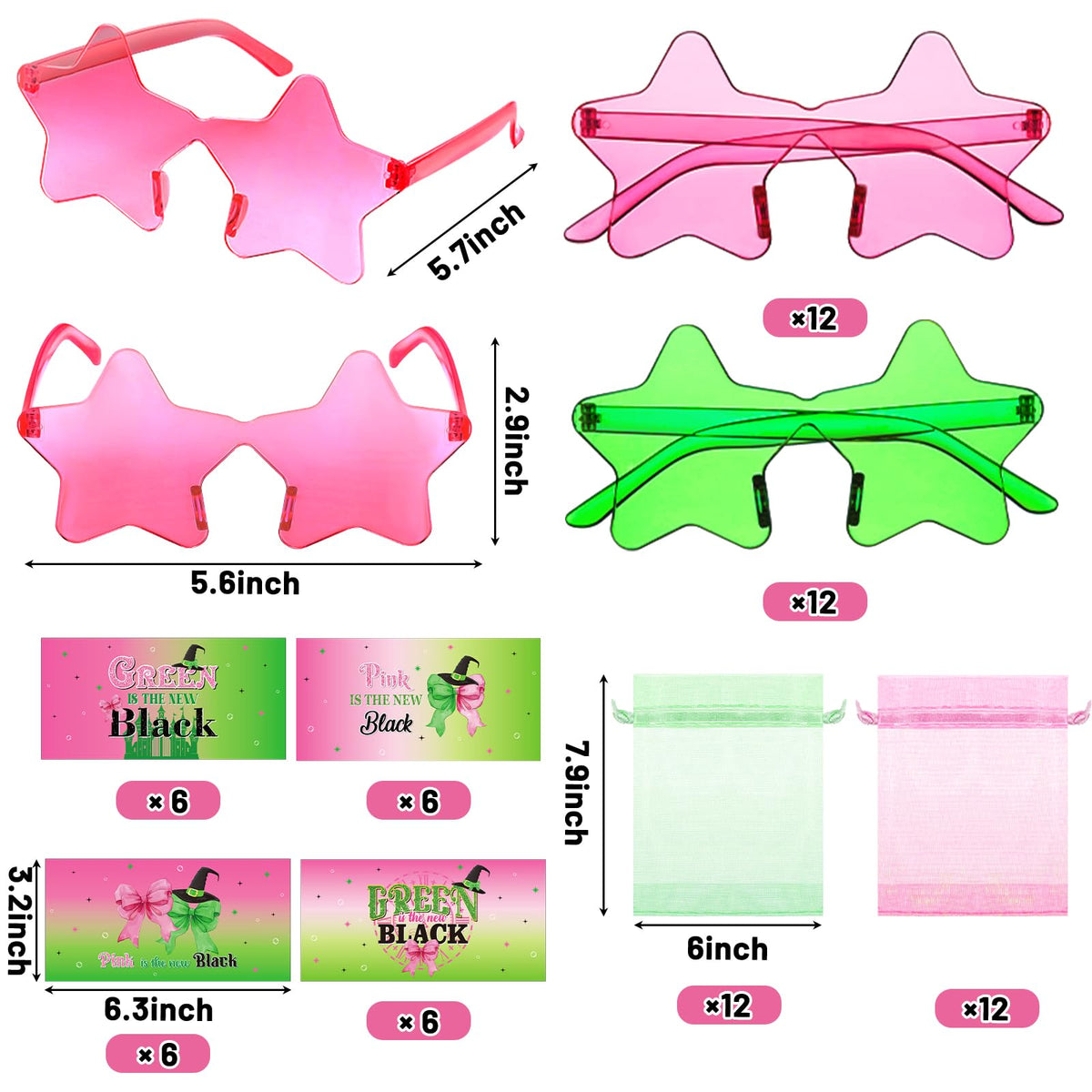 Tellegloww 24 Set Witch Party Favor Pink and Green Star Sunglasses Princess and Witch Cards Organza Bags Birthday Party Supplies Decorations