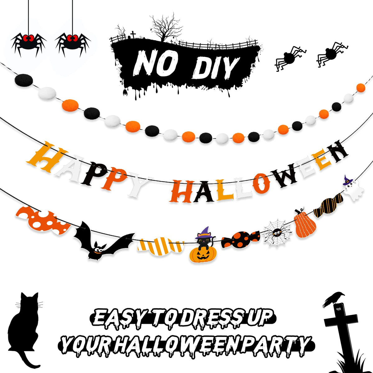 Hotop Halloween Banner Set: Pom Pom Garland, Candy Banner, Bat Decorations for Party Decor