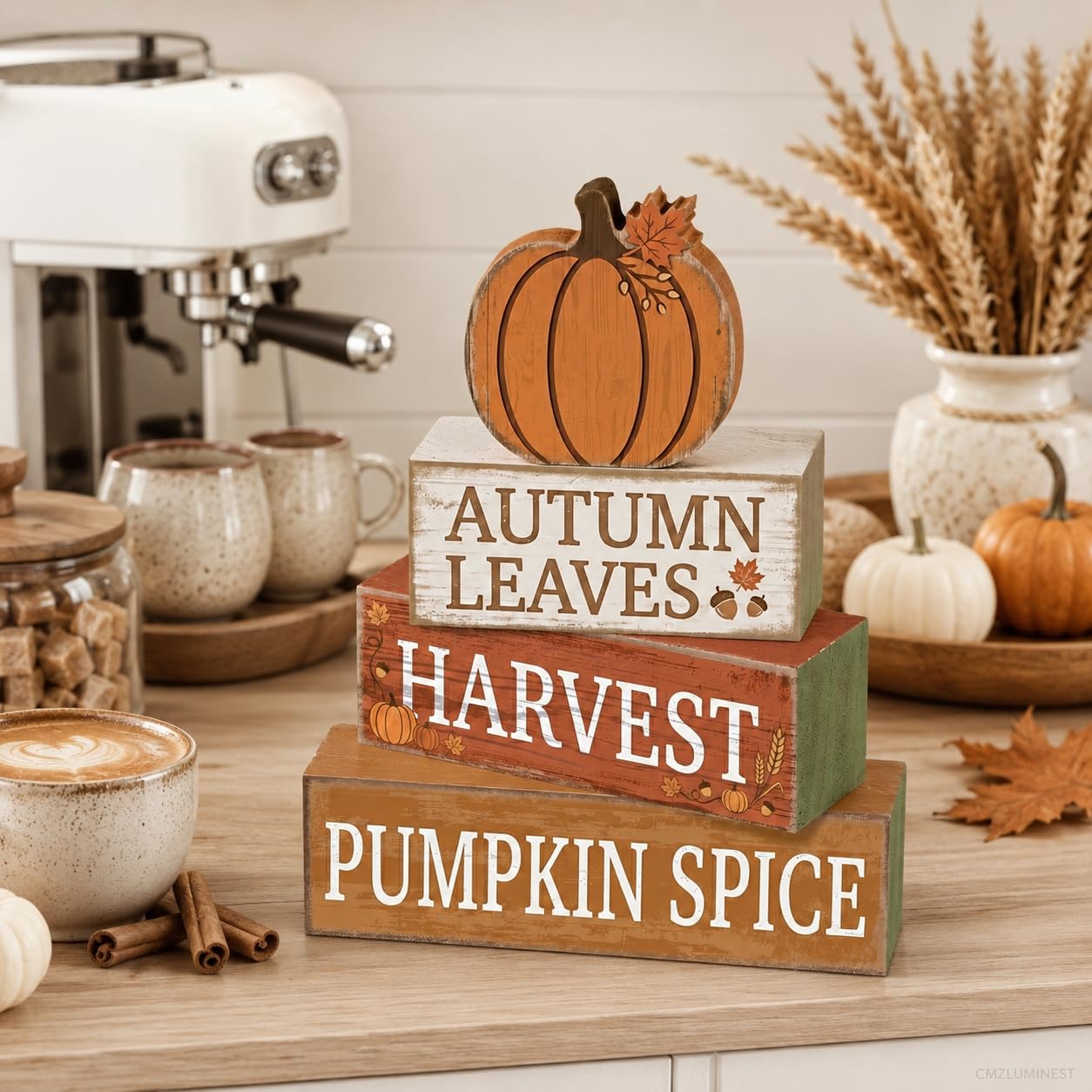 4 Pcs Fall Table Decor, Farmhouse Stacked Wooden Block Signs with Pumpkin Accents, Rustic Thanksgiving Tiered Tray Decorations, Autumn Harvest Tabletop Centerpiece for Home Kitchen Party