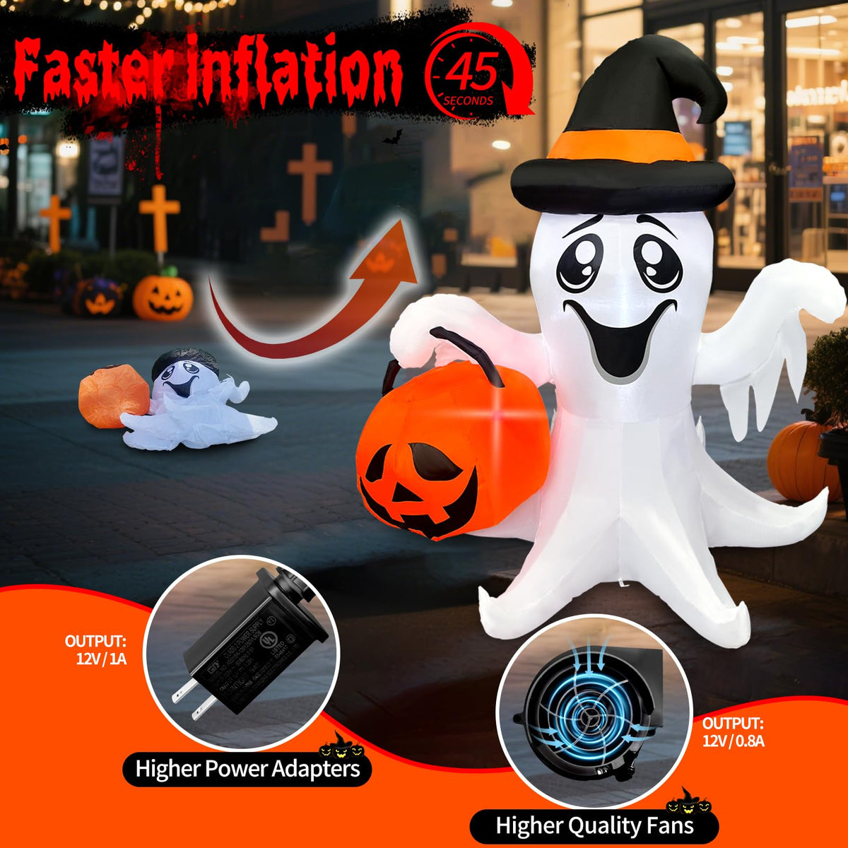 【2025 Latest Release】Halloween Inflatables Ghost Outdoor Decorations 5FT Ghost Pumpkin Inflatable with Build-in 2 LED Ghost Blow Up Yard Decoration Cute Ghost Blowup Decor for Party Garden Lawn