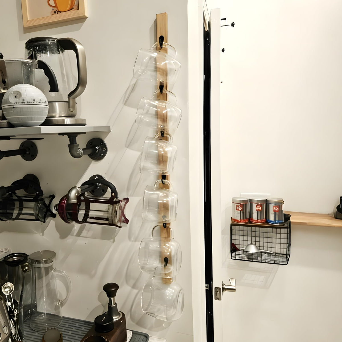 Yohsnor Wall-Mounted Coffee Mug Rack - 6-Hook Solid Wood Cup Holder for Kitchen Cabinet, Space-Saving Tea Bar Organizer with Rustic Decor (Vertical Rectangle Design)