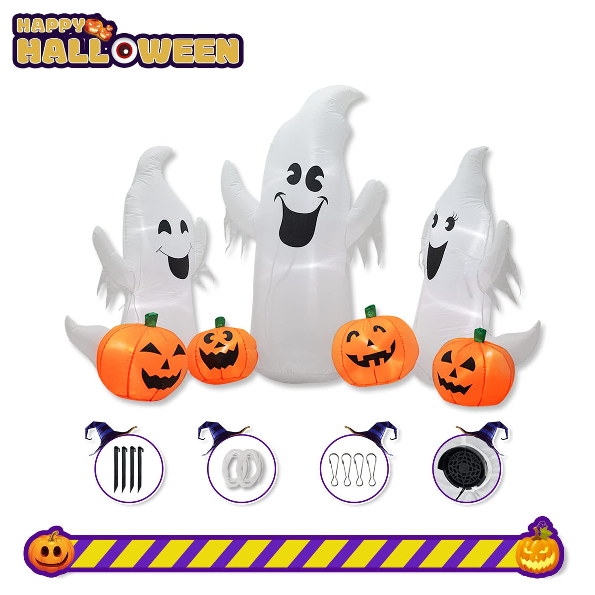 inslife 7FT Length Halloween Inflatable Ghosts and Pumpkins, 3 Ghosts Inflatables with Led Lights for Home Yard Lawn Indoor Halloween Outdoor Decoration