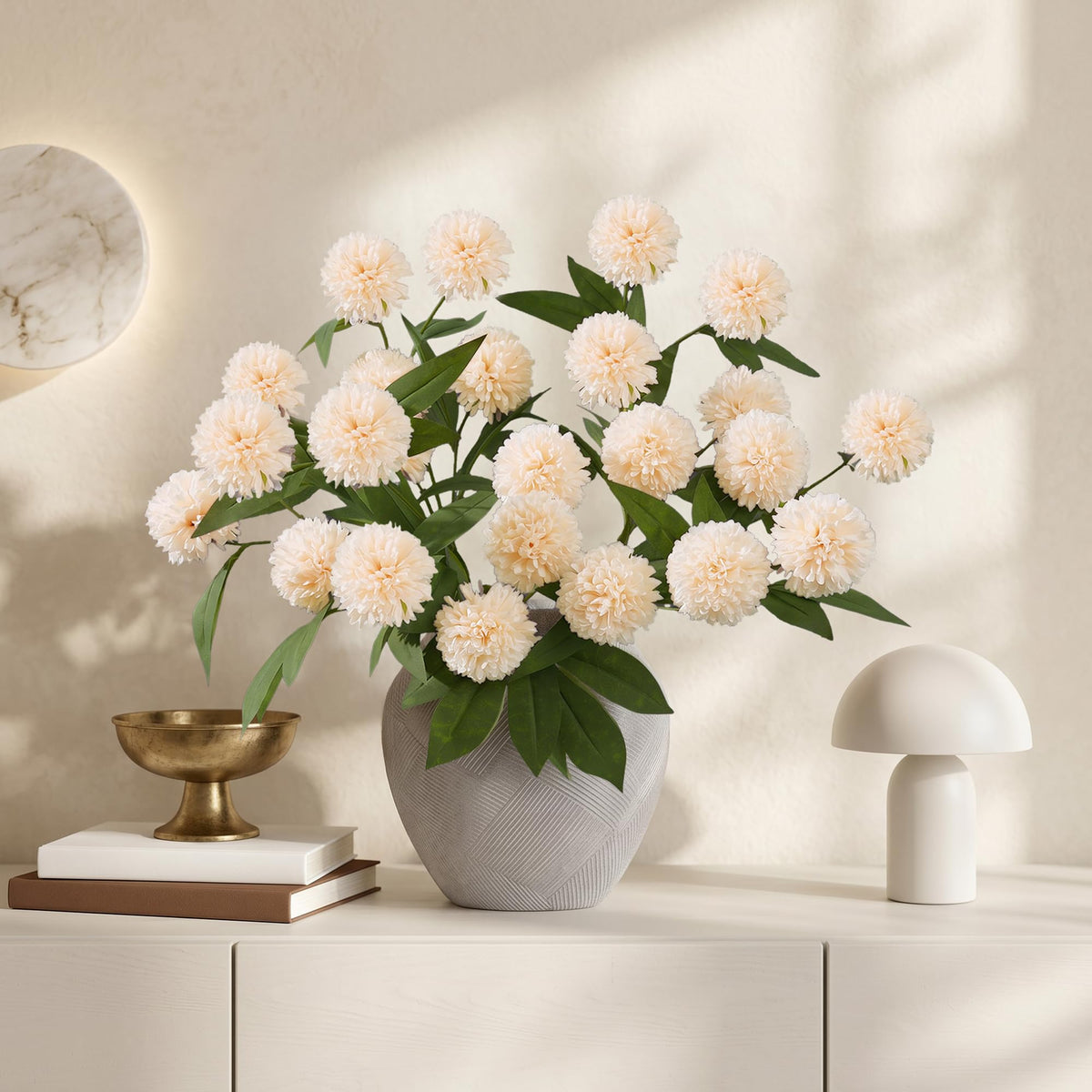 6 Pcs Artificial Pompon Mums, 27" Long Floral Faux Silk Flowers for Vase, Fake Chrysanth Branches with Stems for Indoor Home Table Decor, DIY Bouquet Centerpieces Decorations, Beige