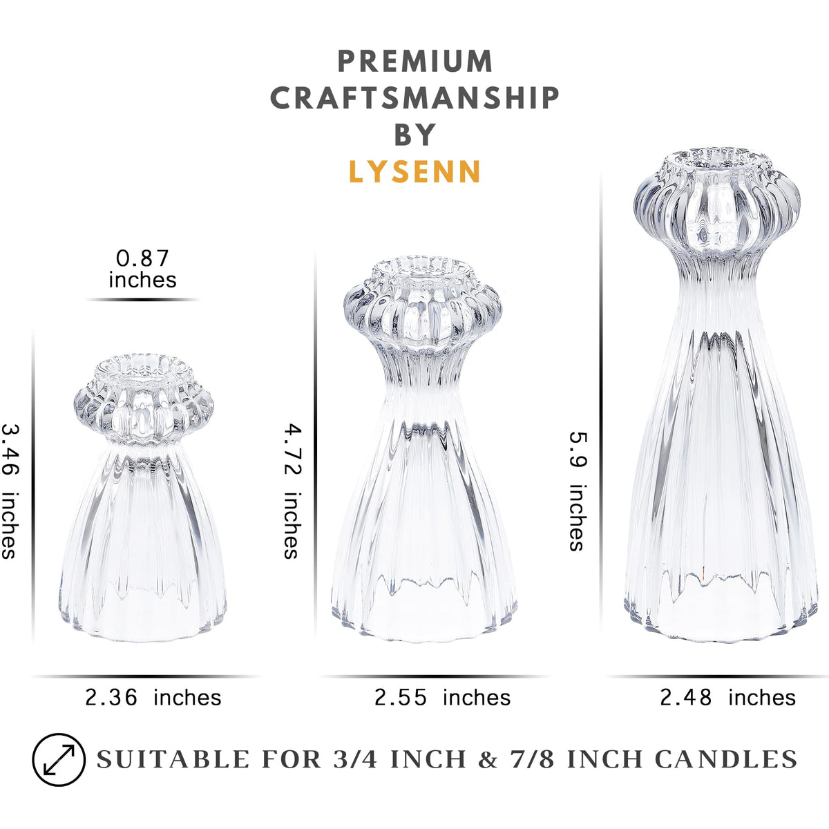 Lysenn Glass Candle Stick Holder Set of 3 – Premium Taper Candle Holders for Romantic Ambiance - Candle Sticks Holder Decor for Special Occasions - Smoke Gray
