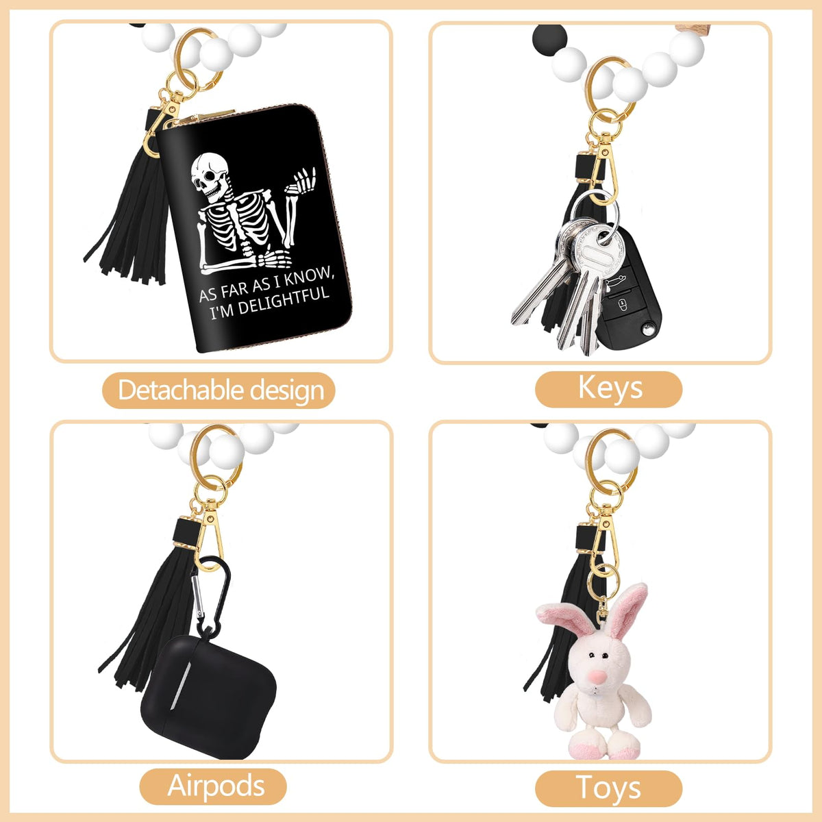Yonlevres Skeleton Credit Card Holder Keychain Wristlet Bracelet Wallet Women, Gothic Skull Small Wallet Silicone Beaded, Funny Halloween Leather RFID Blocking Wallets Mini Card Case Accordion Gift
