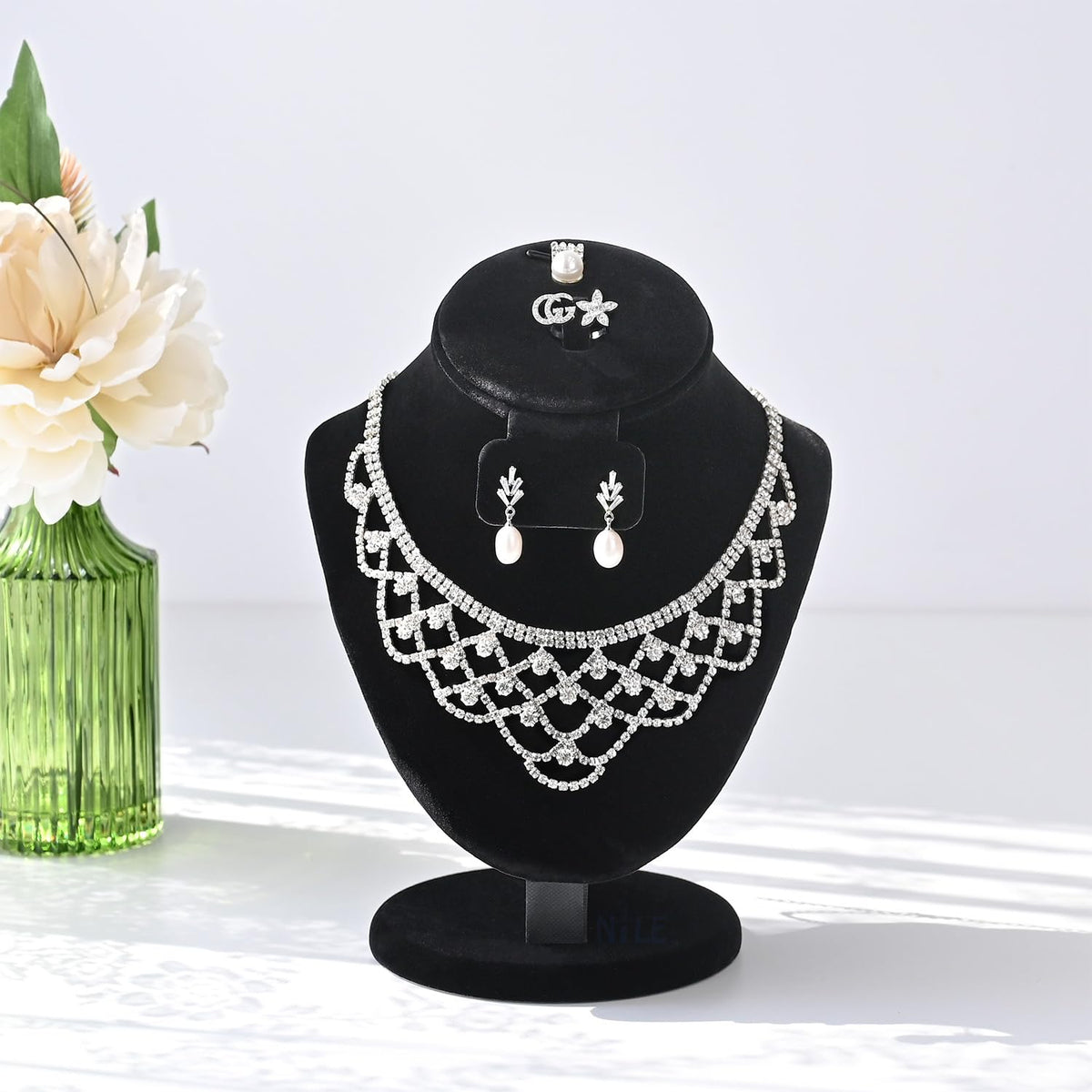 MOOCA Jewelry Display, Black Velvet Stand, Necklace Mannequin, Adjustable Hook, Wood Base, Fits Choker Necklaces, Jewelry Storage