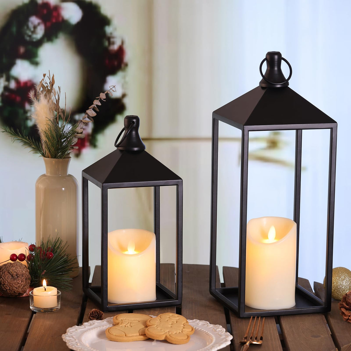 MATAHUM 2pcs Farmhouse Lantern Decor with LED Flickering Flameless Candles - Black Metal Lanterns Decorative for Home Decor, Fireplace Mantle or Table Centerpiece, Halloween Christmas Lantern Decor