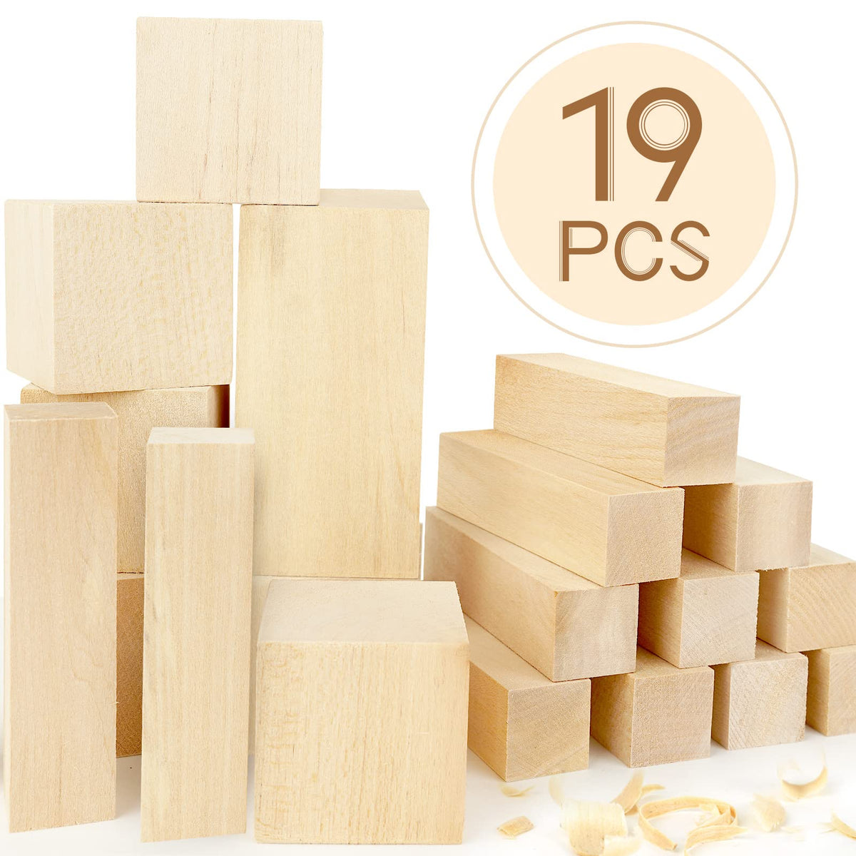 Basswood Carving Blocks, 19PCS Whittling Wood Blocks Kit with 3 Different Sizes, Bass Wood for Carving Easy to Use, for Kids and Adults
