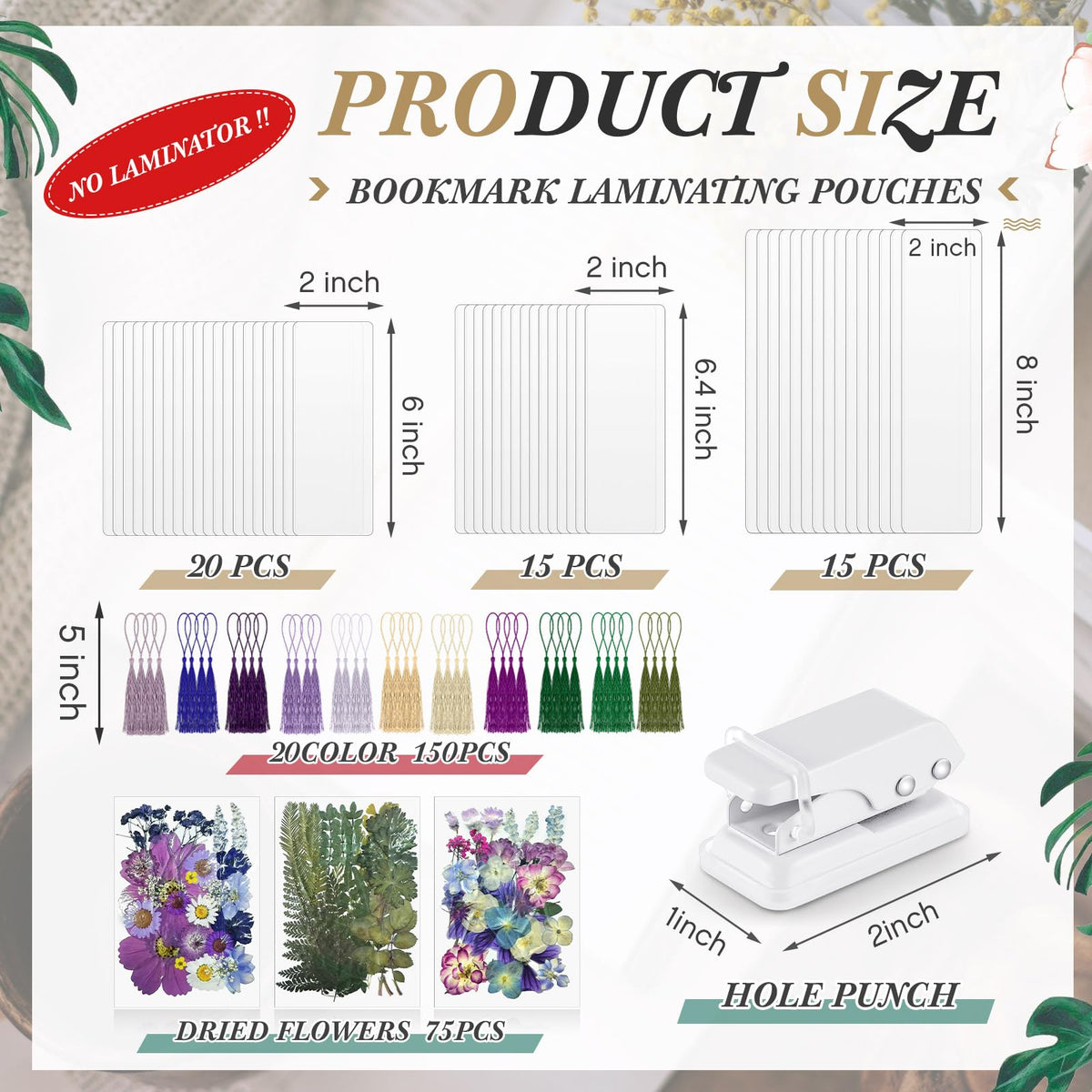 Fuyoooo 176 Pcs Dried Flower Bookmark Making Kit, DIY Bookmark Laminating Pouches with Tassels and Puncher DIY Project Gifts for Women Night Out Craft Book Lovers (Purple,3 Size)