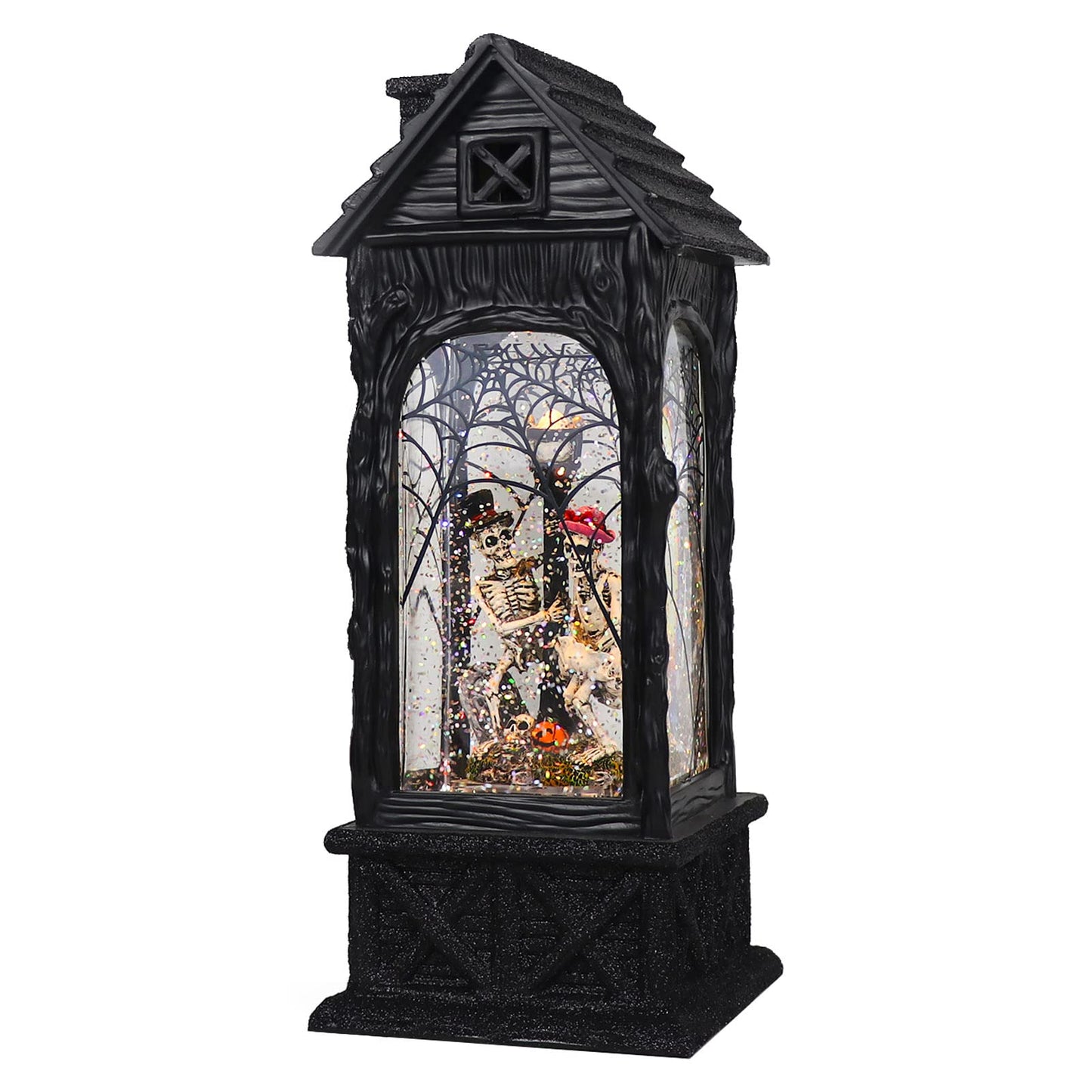Eldnacele Halloween Ghost Projection Snow Globe Lantern with 6-Hour Timer, Lighted Plug-in & Battery Operated Water Glittering Snowing Globe Lamp for Spooky Fall Halloween Indoor Decoration(Skeleton)