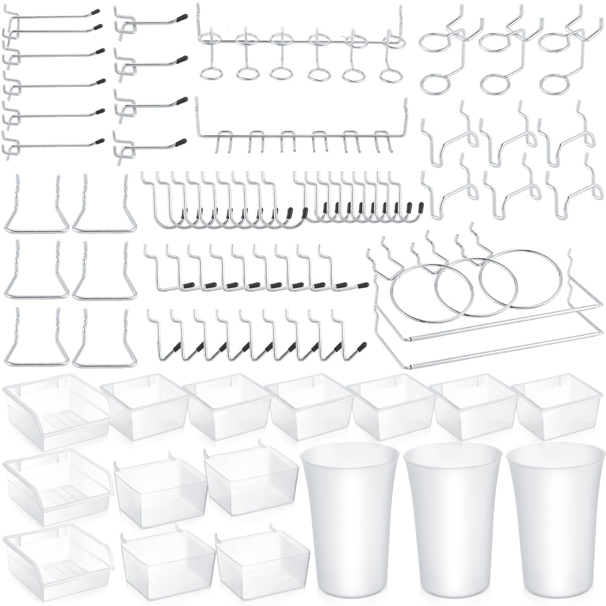 Zubebe 106 Pcs Pegboard Hooks Assortment with Bins, Pegboard Accessories Organizer Kit Include Bins with Hooks and Loops Paper Towel Craft Holder for Hanging Tool(Silver, Clear)