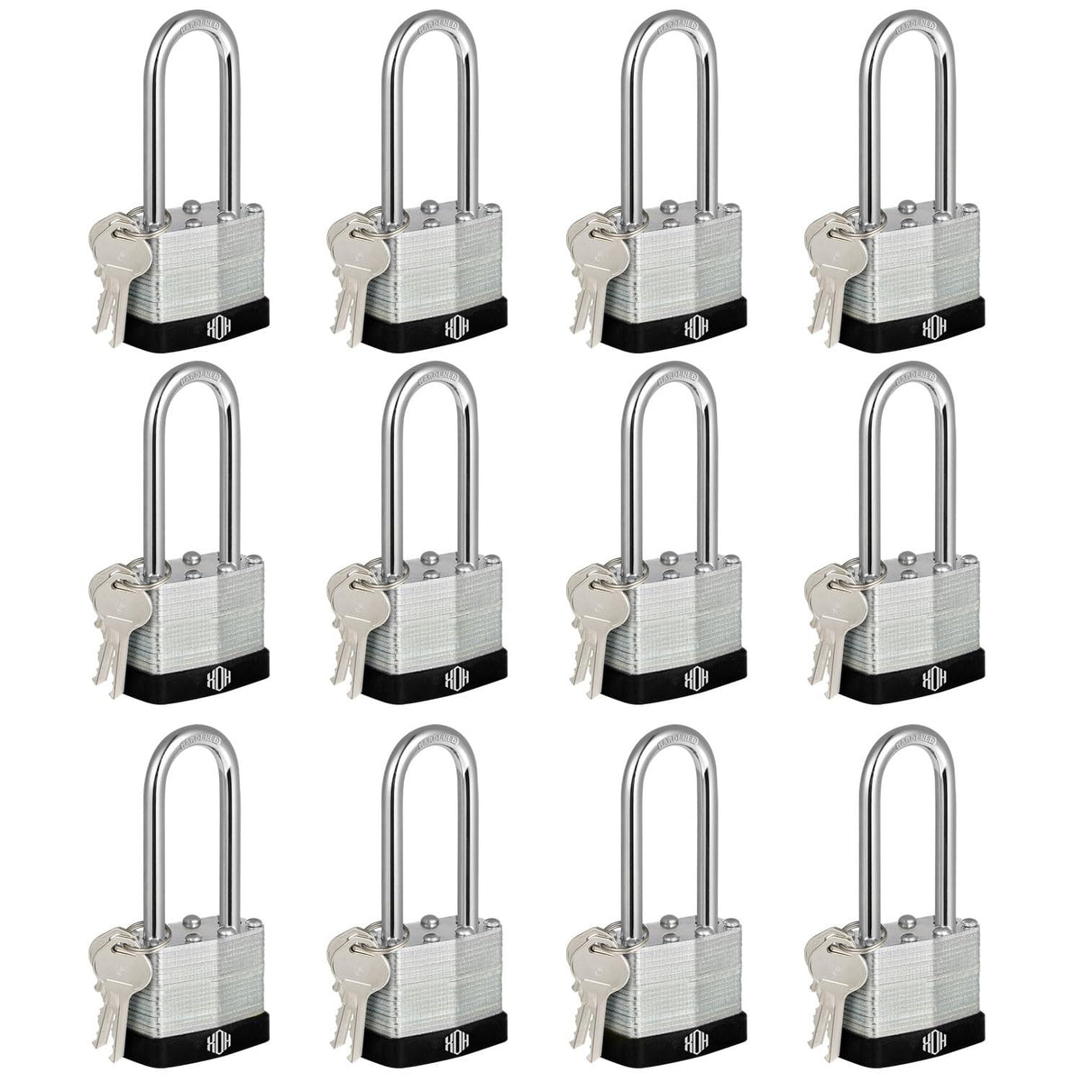 HOX Keyed-Alike Padlocks w/ 2” Long Hardened Shackle, 1-9/16” Wide Body, 12-Pack Shackle Padlock for Hasp Latch, Shed, Fence, Storage Locker, Black