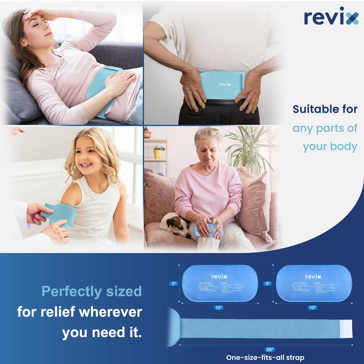 REVIX Ice Packs for Injuries Reusable, 2 Packs Hot and Cold Pack with Adjustable Strap, Flexible Ice Wraps for Joints and Muscle, Rotator Cuff, Back, Knee Discomfort Relief (10" x 5" Blue)