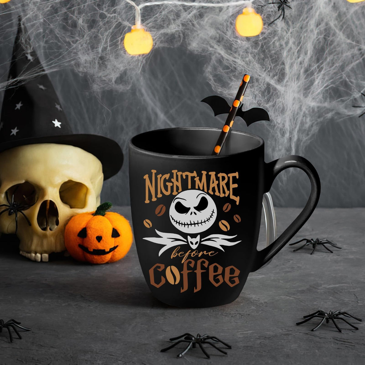 Pycat Jack Ceramic Black Coffee Mug Gifts, Nightmare Before Coffee Tea Cup with Handle, Halloween Christmas Holiday Gifts for Friends Women Men Novelty Funny Drink Mugs 13 oz