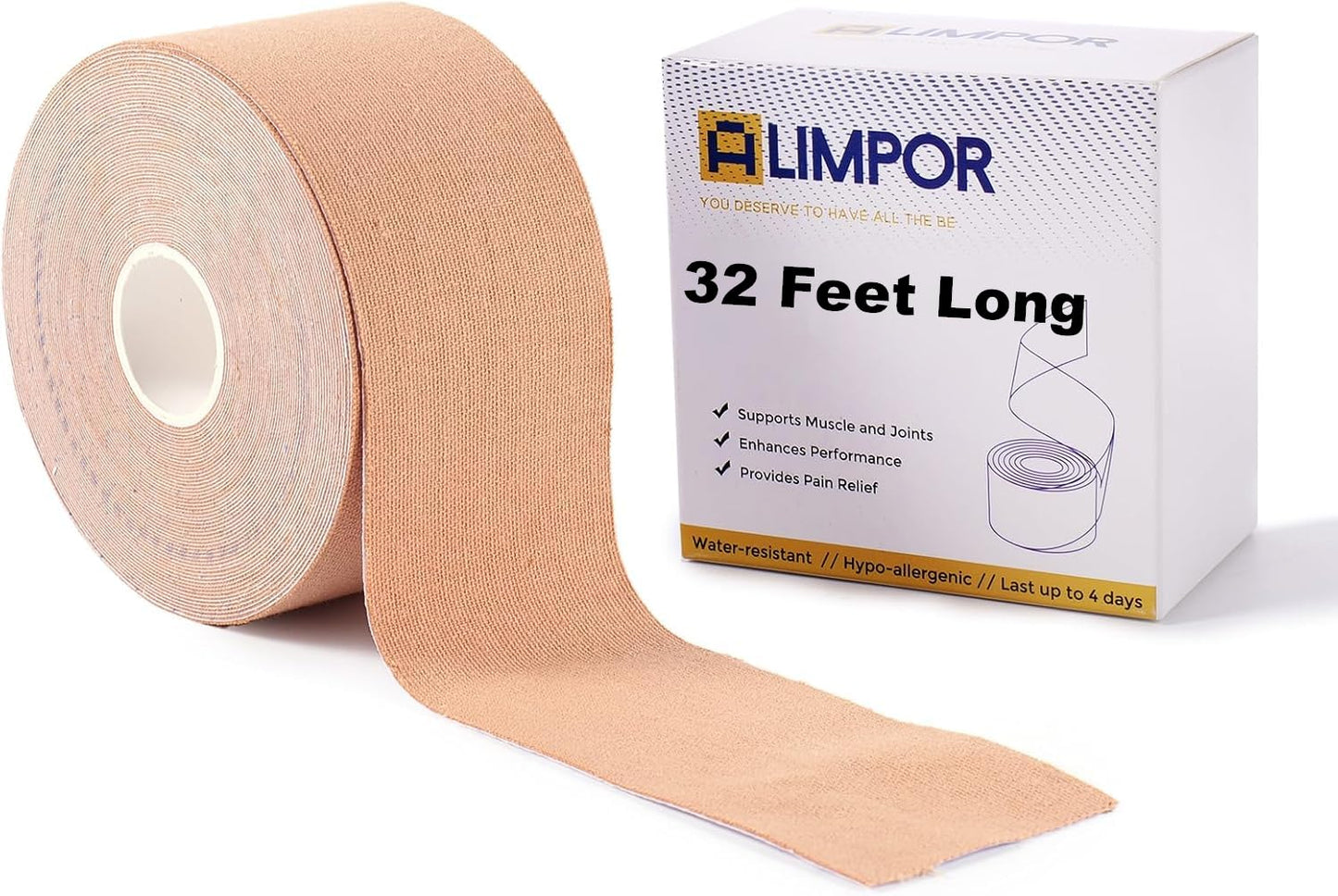 Kinesiology Athletic Tapes, 2inx32 FT Long Sports Tape for Knees and Shoulders Support, Cotton, Hypoallergenic, Waterproof, Strong Adhesive,Beige
